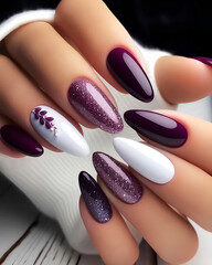 Manicure hand finger nail. White and glitter purple nailart with leaves and flowers.