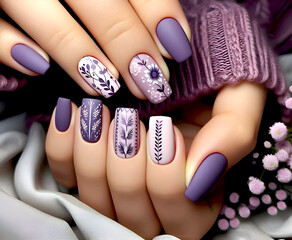 Manicure hand finger nail. Soft pastel purple nailart with leaves and flowers.