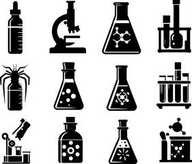 Vector sketch illustration collection of transparent glass bottle designs of laboratory test results, experiments and research 