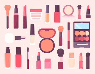 Flat lay of various makeup products in pink and peach tones on light pink background