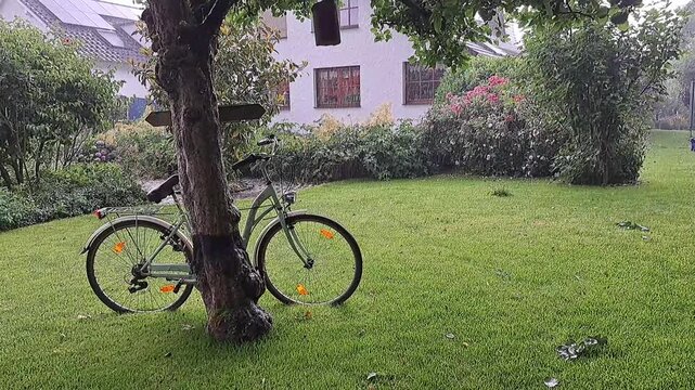 heftiger Landregen prasselt in den Garten