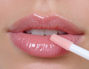 Applying glossy pink lip gloss with applicator, close-up of lips and teeth