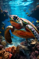 Fototapeta premium Hermosa tortuga en Arrecife, coralino, aguas transparentes y peces coloridos.