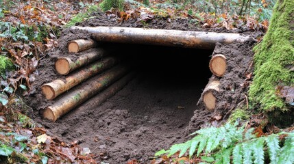 Primitive shelter in the woods. Simple, natural materials create a covered, dark space