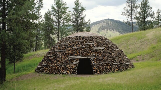 Wooden dome structure in a natural setting