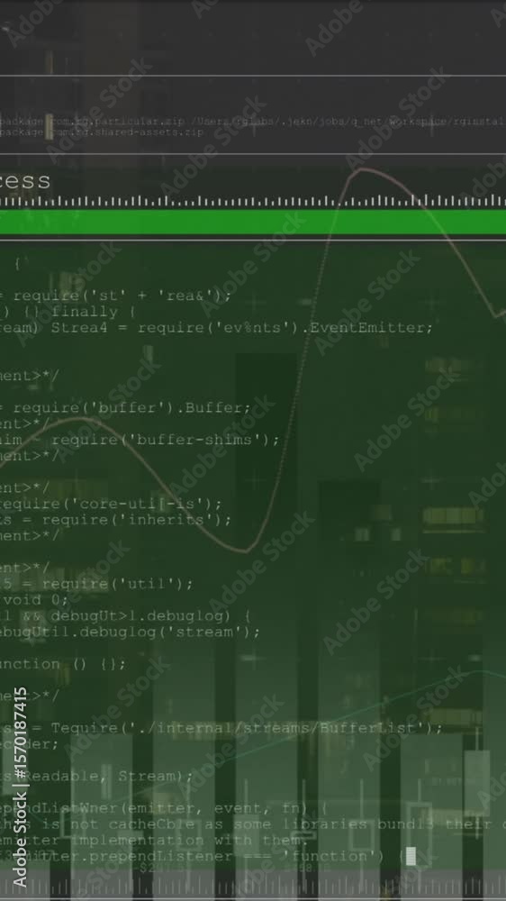 Poster animation of statistical data processing against view of tall buildings at night