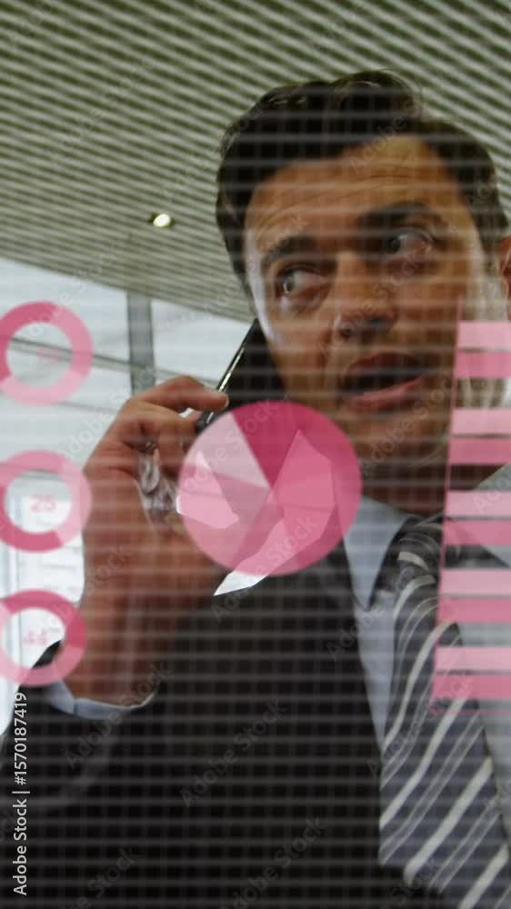 Poster animation of statistical data processing over caucasian businessman talking on smartphone at office