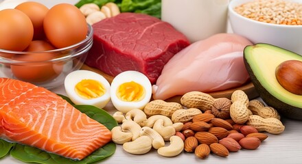 High Protein Food Selection Including Meat Fish Eggs and Nuts