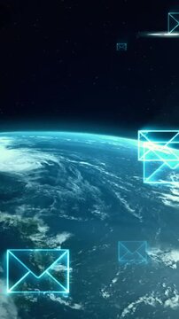 Animation of email icons and data processing over globe
