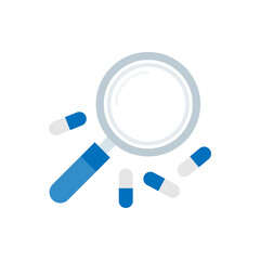 Close-up icon of capsules with magnifier highlighting pharmaceutical study and quality control.
