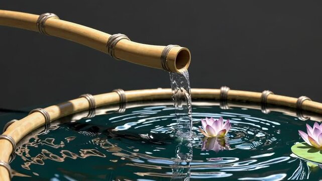 Water flows gently from bamboo spout into peaceful pond with tranquil lotus flowers creating relaxing Zen garden atmosphere.