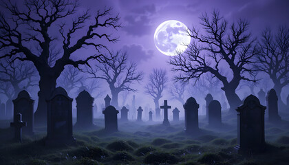 Spooky Cemetery at Night Under a Full Moon.A serene, yet eerie, view of a foggy cemetery at night.