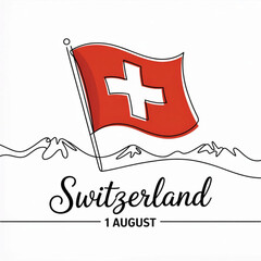 Swiss National Day. One continuous line art background with red flag.  Switzerland 1 August, clean white background, Editable stroke hand drawn lettering.
