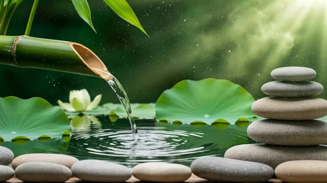 Tranquil water flows from bamboo into a serene pond with zen stones and lily pads, creating a peaceful nature loop for relaxation and meditation.