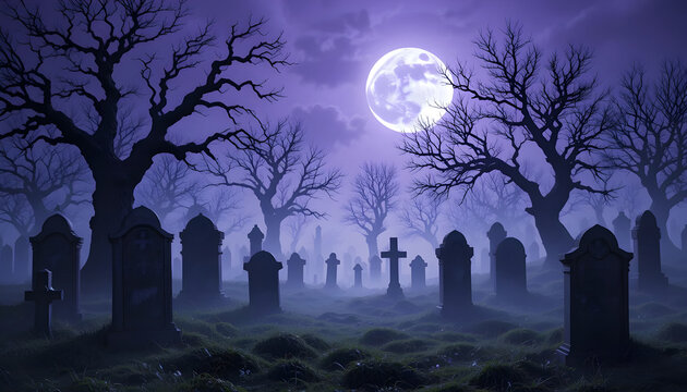 Spooky Cemetery at Night Under a Full Moon.A serene, yet eerie, view of a foggy cemetery at night.