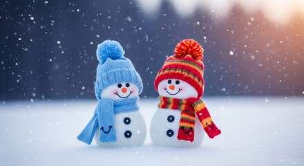 Fototapeta premium Two Snowmen in Winter Wonderland Under Falling Snow