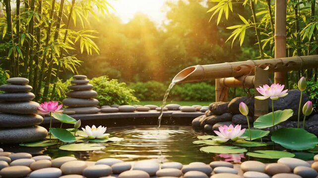 Peaceful zen garden pond features flowing water and stacked stones, promoting deep meditation and relaxation.