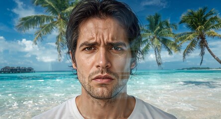A man with a concerned expression superimposed over a tropical beach scene with palm trees