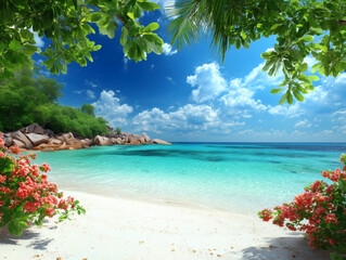 白い砂浜と熱帯の花に囲まれた透明な青い海と青空の絶景風景
