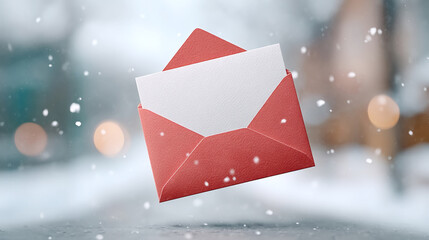Blank white card in red envelope floating amid falling snowflakes