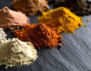 Aromatic Spice Collection: A vibrant array of ground spices in warm earthy tones, meticulously arranged on a dark slate surface. The rich colors and textures invite exploration of culinary delights. 