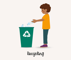 A boy or man throwing empty plastic bottle into recycling bin
