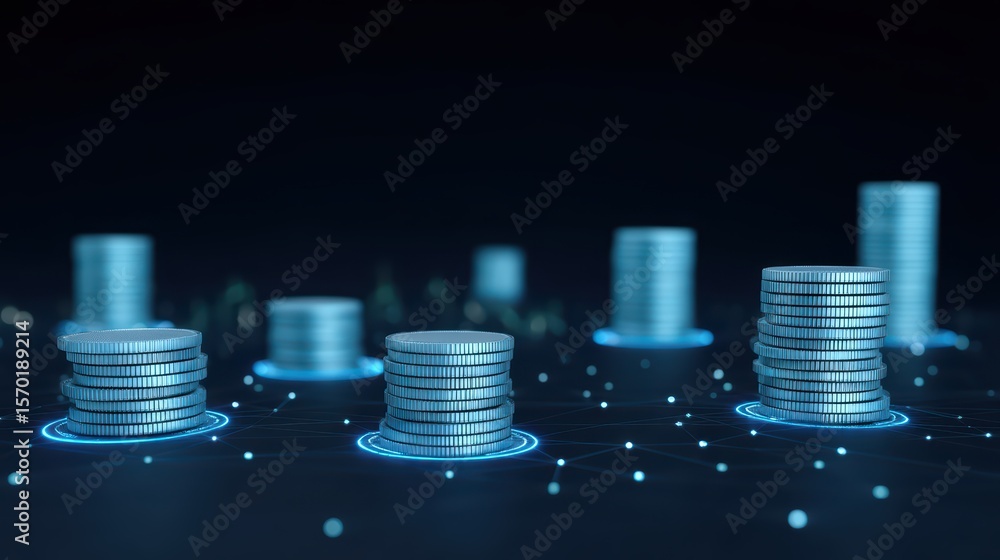 Poster digital representation of stacked coins on a data network with blue glow and abstract background