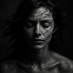 Fototapeta premium Pensive young caucasian female in dramatic black and white portrait