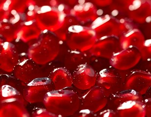 Crimson Jewels: A tantalizing close-up of glistening pomegranate seeds bursts with vibrant color and juicy texture, capturing the essence of freshness and vitality.