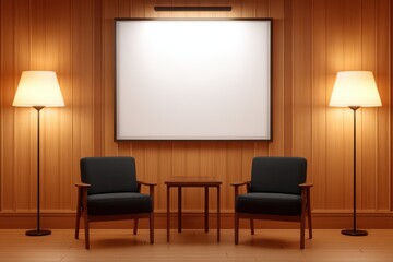 Modern interior design scene featuring two chairs, a coffee table, wall-mounted blank screen, and stylish lamps with warm lighting