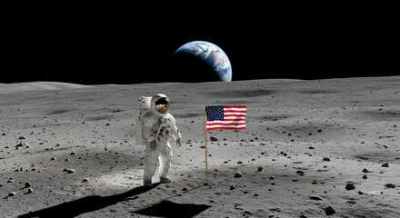 Astronaut standing on the moon with american flag and earth visible in the dark starry background