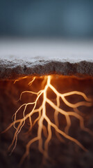 Illuminated tree roots symbolizing energy transfer and natural growth in time lapse concept