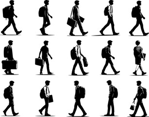collection of vector silhouette sketches illustration images of employees, workers, students, college students wearing shirts and jackets walking to campus and school