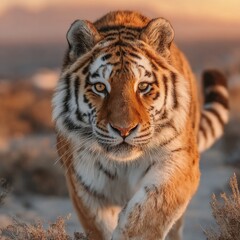 Fototapeta premium Hermoso tigre, corriendo sobre la nieve, foto ganadora del premio a naturaleza salvaje.