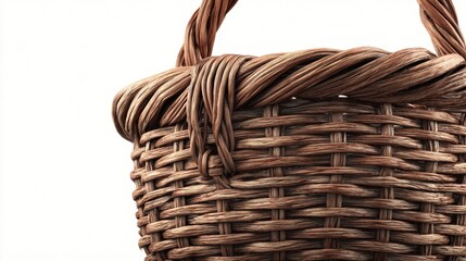 Close-up of a handwoven wicker basket with intricate patterns and warm brown tones, showcasing its craftsmanship and natural texture.