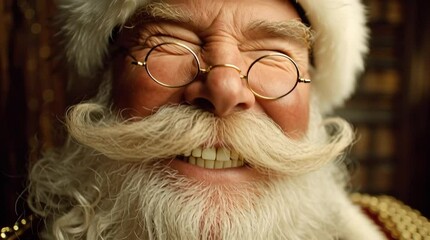 A cheerful elderly Caucasian man with a white beard and glasses smiles warmly. He wears a red and white Santa hat, embodying the spirit of Christmas. - Powered by Adobe