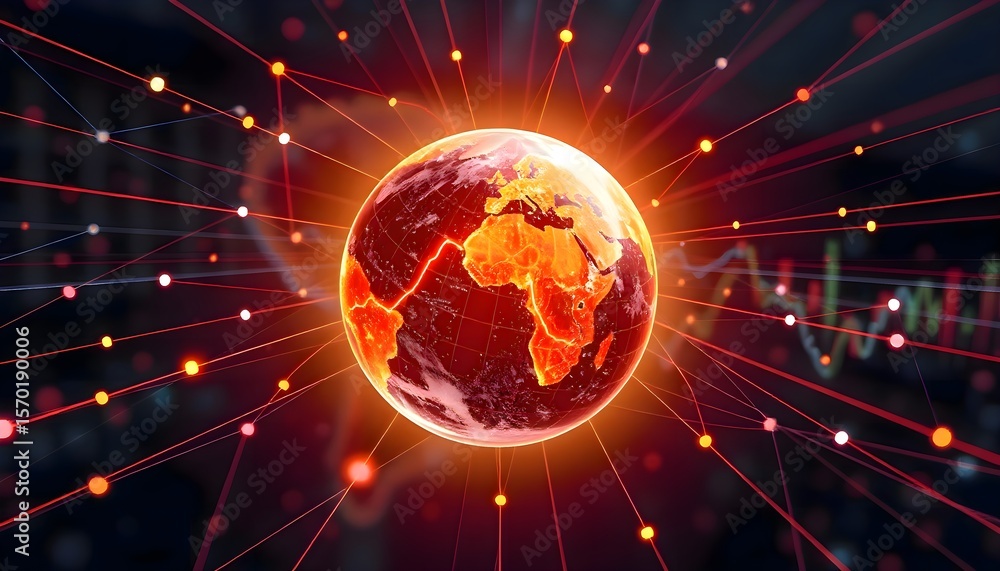 Poster glowing digital globe with interconnected lines and dots forming a network, representing global comm