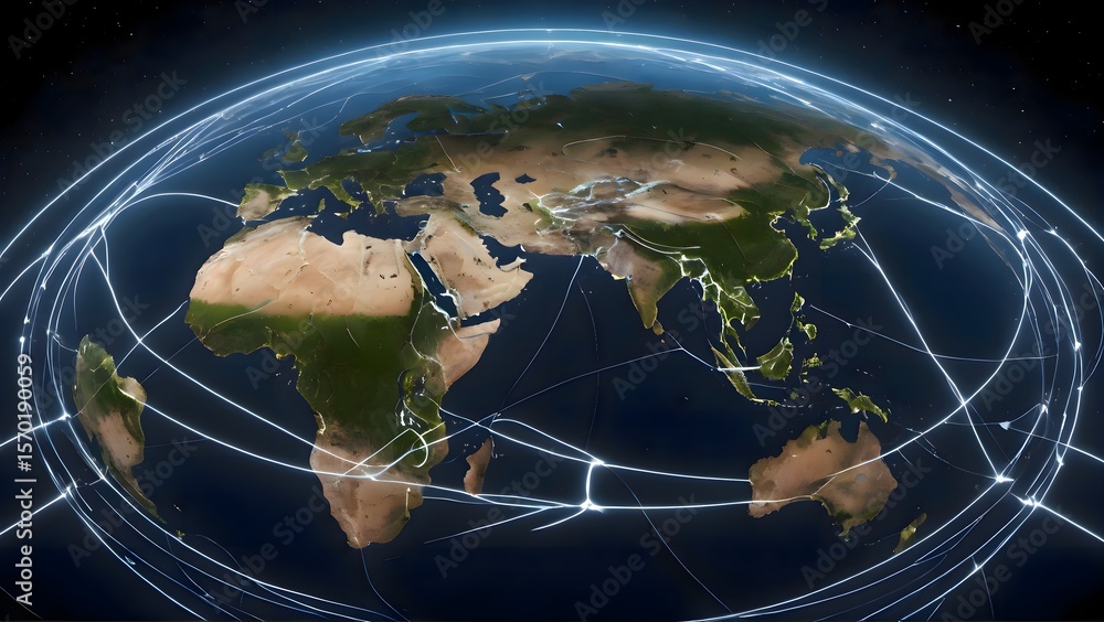 Poster digital map of the world with multiple light connections spreading globally, symbolizing internation