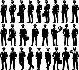 collection of vector sketch design illustrations of commercial airplane pilot silhouettes carrying passengers
