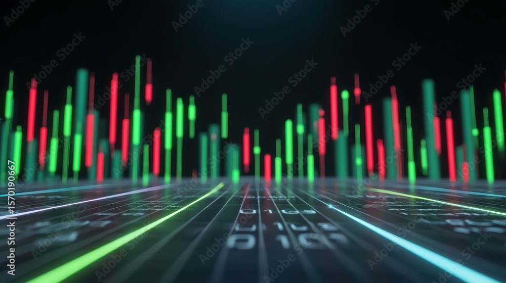Poster colorful abstract representation of financial data with candlestick charts and digital elements in a