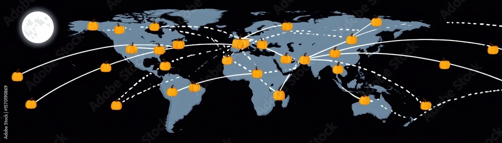 Poster global network visualization with connecting lines and data points on a dark background