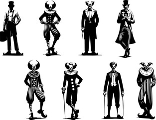 silhouette sketch vector illustration collection of clown entertainer images with long shoes