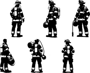 silhouette sketch vector illustration collection of images of firefighters with safety equipment 
