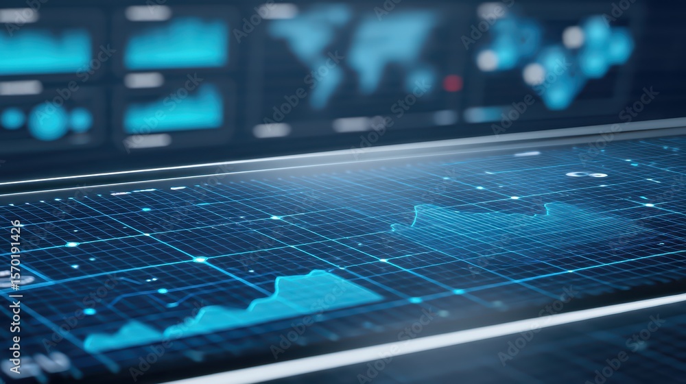 Poster high-tech data visualization interface with graphs, charts, and global insights for financial analys