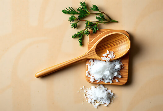 Wooden spoon with coarse sea salt and fresh rosemary sprigs on a light background - Powered by Adobe
