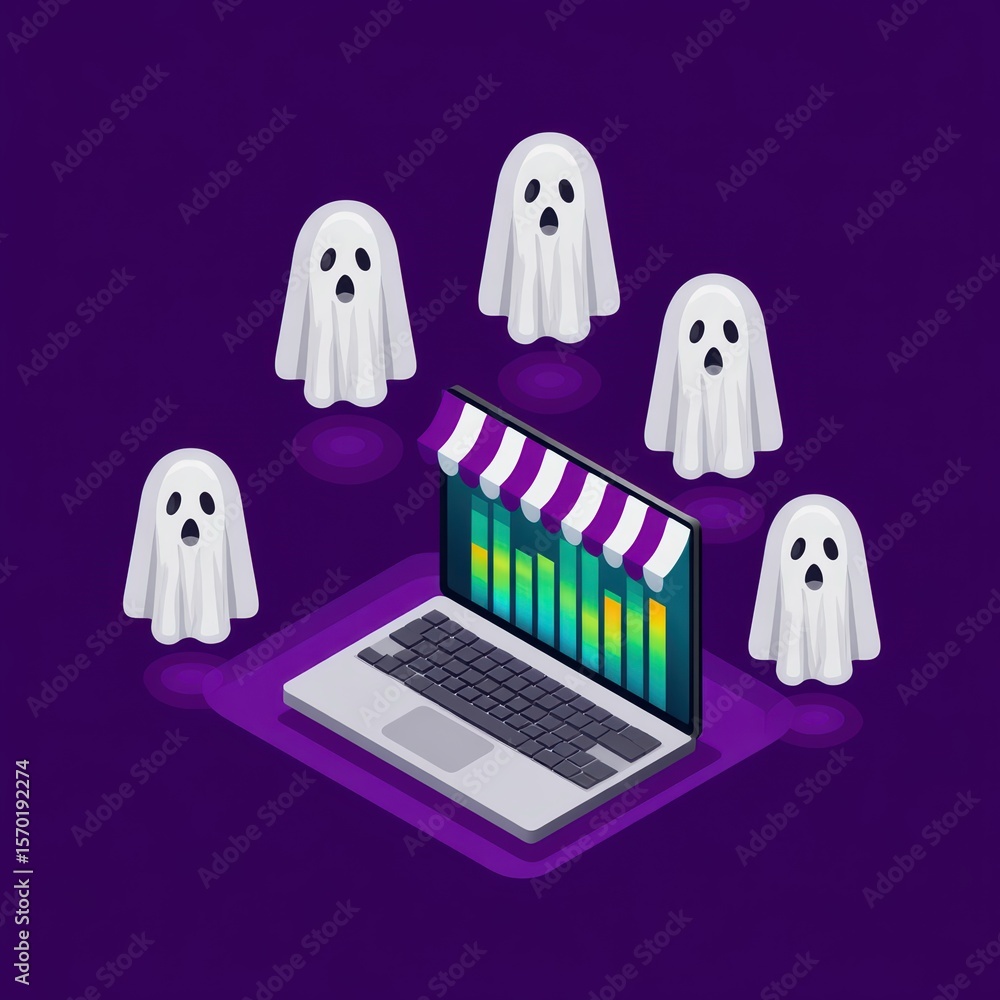 Poster ghostly figures surrounding a laptop with graphical data representation in a purple background