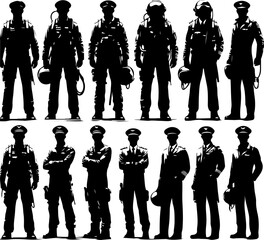 collection of vector sketch design illustrations of silhouettes of fighter and commercial aircraft pilots in the air.