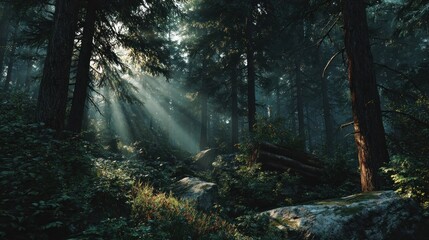 Sunbeams Filtering Through a Mystical Evergreen Forest