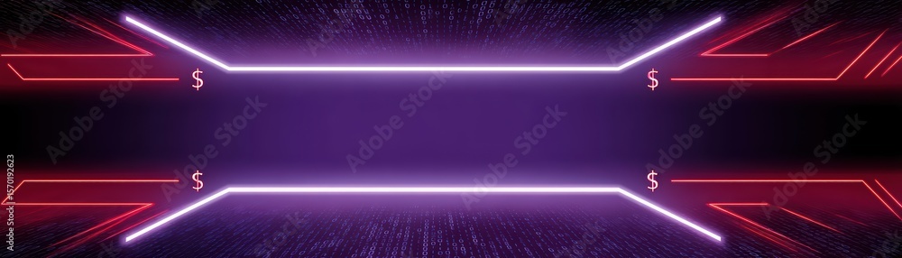 Poster abstract neon glow background with futuristic digital elements and dollar symbols for creative use