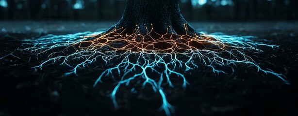 Forest Conservation, Carbon Sequestration, Regeneration, Glowing Tree Roots with Electric Blue Light in Dark Forest Setting